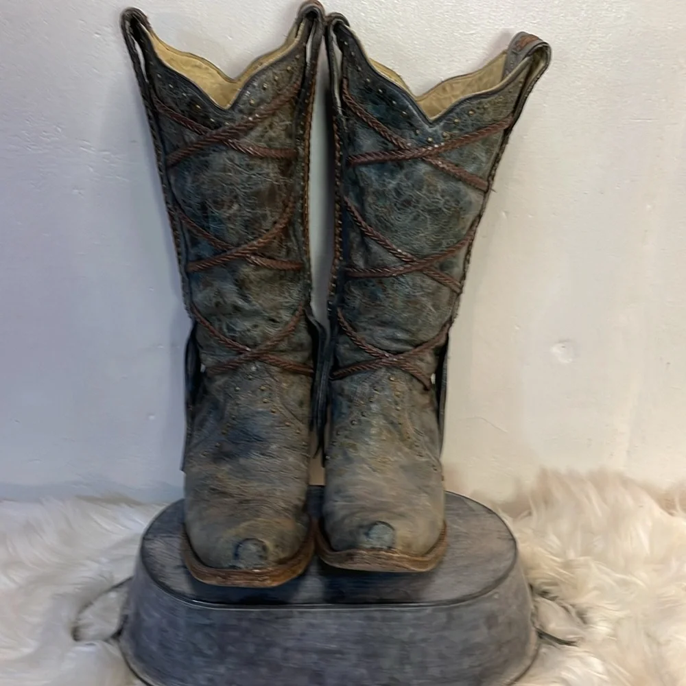 #0167 Corral Vintage Leather Snip Toe Cowboy Boot With Fringe-7.5 - Picture 4 of 15